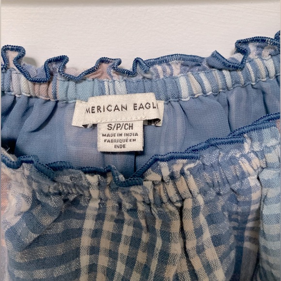 AEO 🦅 Off Shoulder Plaid Puff Sleeve Crop Top - Picture 11 of 15